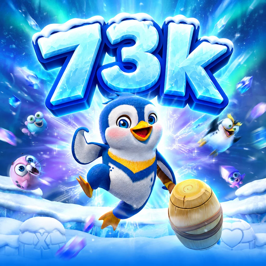 Logo 73k dengan karakter penguin membawa palu kayu di dunia es The Great Icescape