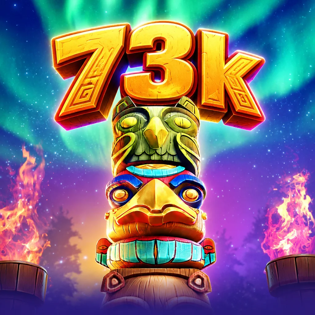 Logo 73k bertema Totem Wonders dengan pilar totem kuno berukir batu
